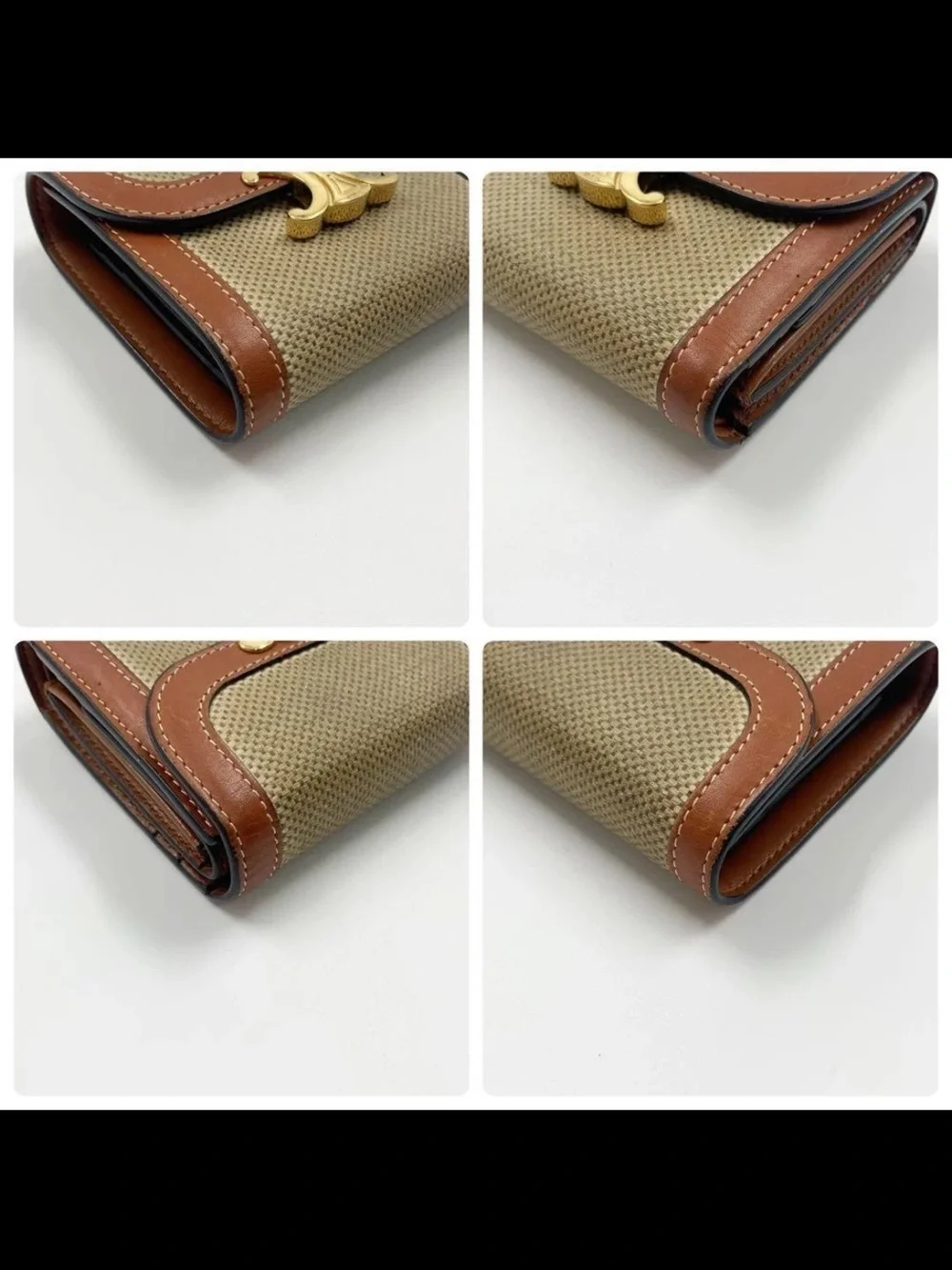 Celine Tan Leather-Trim Canvas Triomphe Wallet with Gold Hardware